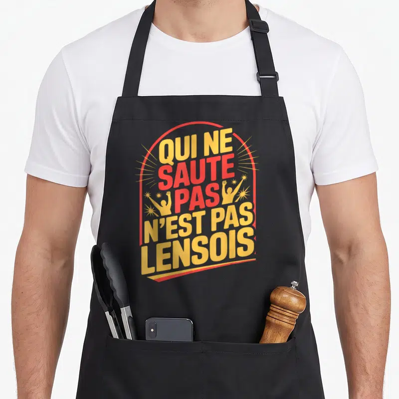 Tablier de cuisine noir avec inscription rouge et jaune Qui ne saute pas n'est pas Lensois et silhouettes de supporters.
