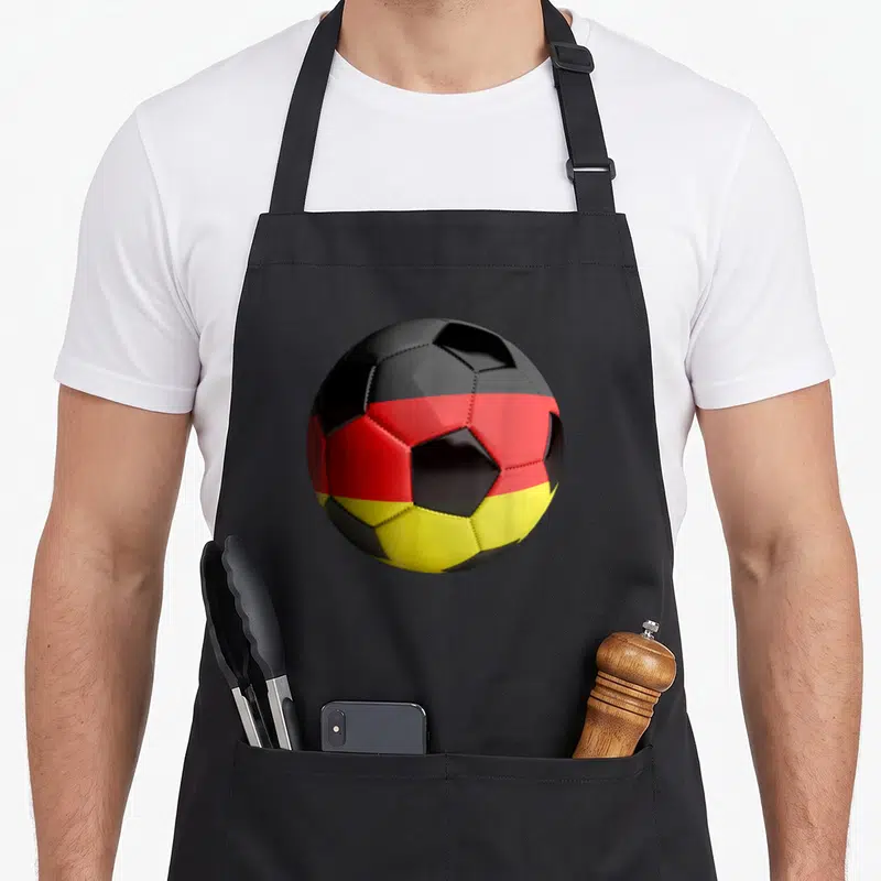 Tablier de cuisine noir avec un ballon de football aux couleurs du drapeau allemand imprimé au centre