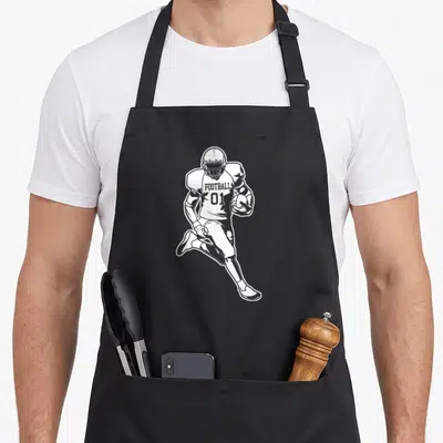 Tablier de cuisine noir avec illustration blanche d'un joueur de football américain courant avec un ballon et le numéro 01.