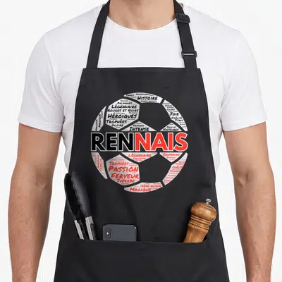 Tablier de cuisine noir avec un ballon formé par des mots Rennais, Passion et Histoire en rouge et blanc.