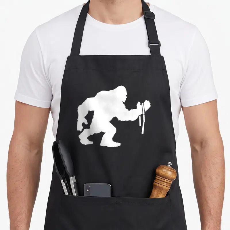 Tablier de cuisine noir avec silhouette blanche d'un Bigfoot Wrestler tenant une barre de lutte bras