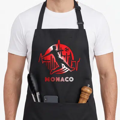 Tablier de cuisine noir avec silhouette de footballeur rouge et blanc et l'inscription MONACO en bas.