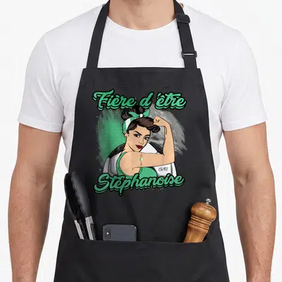 Tablier de cuisine noir avec illustration rockeuse Fière d'être Stéphanoise vert et blanc