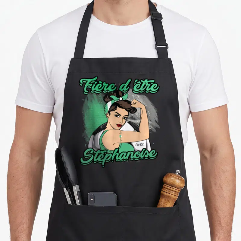 Tablier de cuisine noir avec illustration rockeuse Fière d'être Stéphanoise vert et blanc