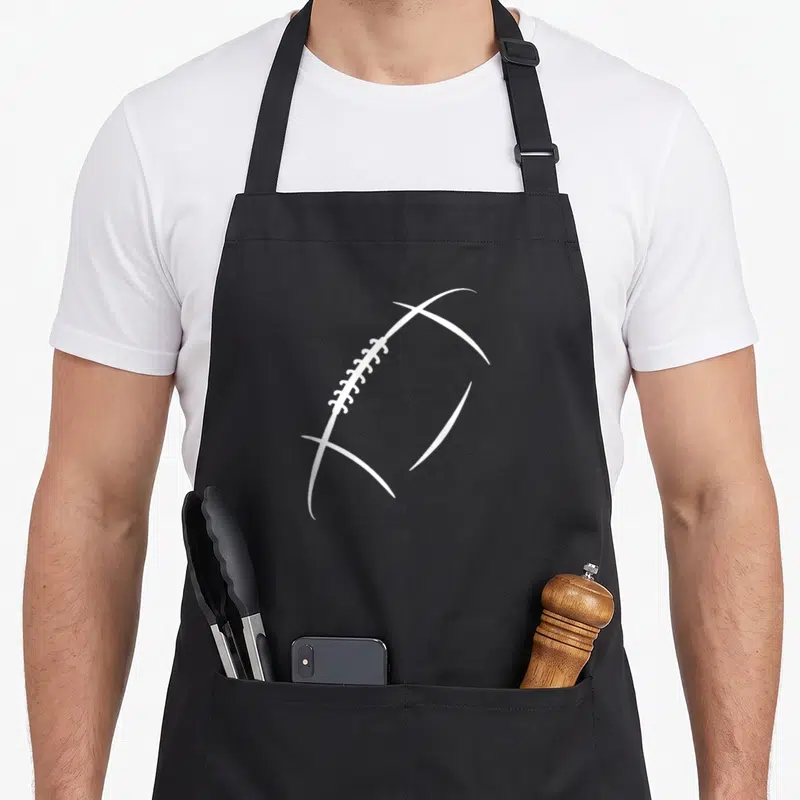 Tablier de cuisine noir avec illustration blanche d'un ballon de rugby aux lacets et lignes dynamiques.