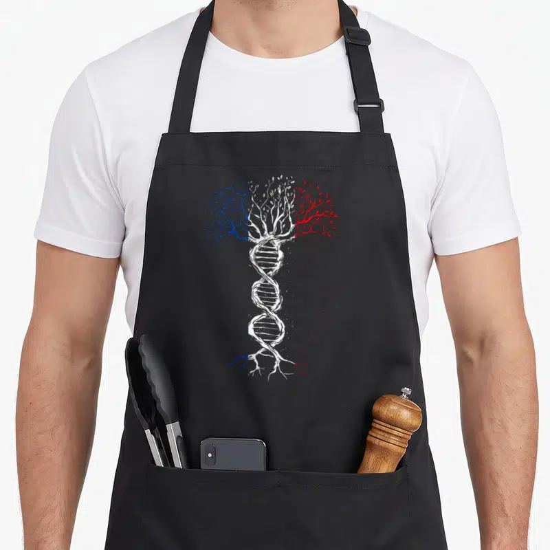Tablier de cuisine noir avec un arbre stylisé aux branches bleues et rouges et un tronc en forme de double hélice ADN blanche.
