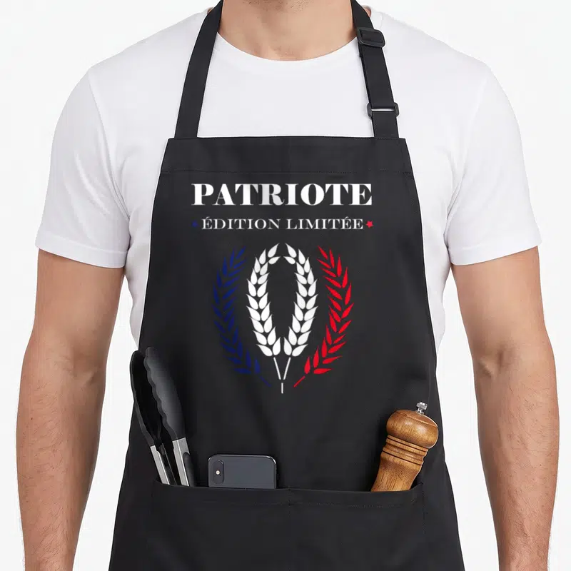 Tablier de cuisine noir avec inscription Patriote « Édition Limitée » et couronne de blé aux couleurs du drapeau français tricolore.