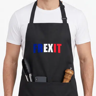 Tablier de cuisine noir avec l'inscription Frexit aux couleurs du drapeau français en lettres capitales.