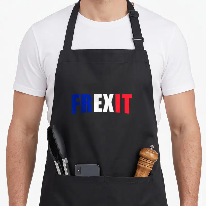 Tablier de cuisine noir avec l'inscription Frexit aux couleurs du drapeau français en lettres capitales.