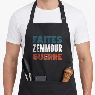 Tablier de cuisine noir avec inscription faites Zemmour président et pas la guerre en bleu blanc rouge.
