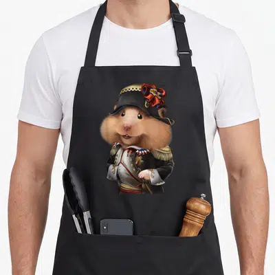 Tablier de cuisine noir avec hamster mignon déguisé en Napoléon Bonaparte militaire à chapeau bicorne.