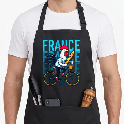 Tablier de cuisine noir avec un coq gaulois cycliste portant une baguette et un drapeau français devant le mot France répété.