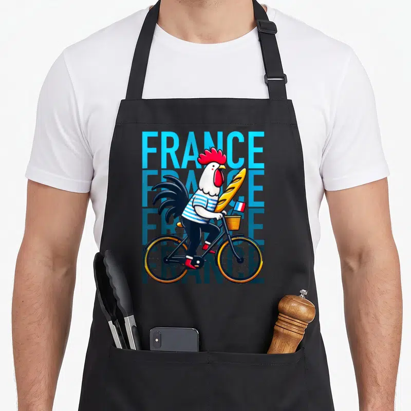 Tablier de cuisine noir avec un coq gaulois cycliste portant une baguette et un drapeau français devant le mot France répété.