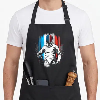 Tablier de cuisine noir avec illustration d'un escrimeur au masque tricolore français sur fond de strokes bleus blancs rouges