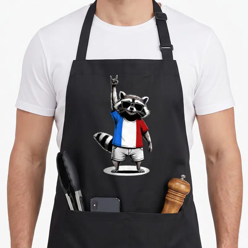 Tablier de cuisine noir avec illustration d'un renard aux couleurs du drapeau français levant le majeur.