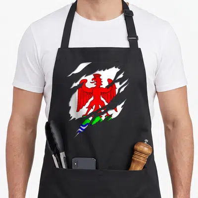 Tablier de cuisine noir avec aigle niçois rouge sur fond blanc effet déchirure 3D