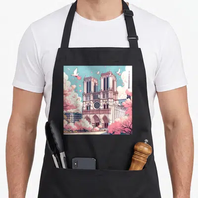 Tablier de cuisine noir avec illustration colorée de la cathédrale Notre-Dame de Paris entourée de fleurs roses et de colombes volantes.