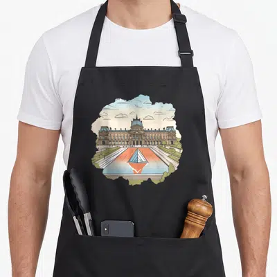Tablier de cuisine noir avec une illustration colorée du Louvre et sa pyramide dans le bassin devant le bâtiment.