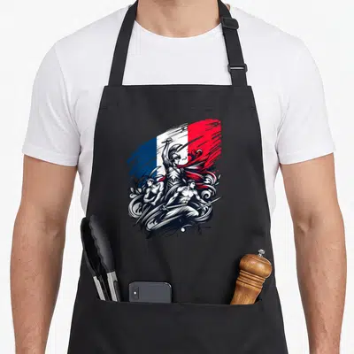 Tablier de cuisine noir avec illustration de guerriers sous une bannière vintage du drapeau français aux couleurs vives.