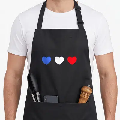 Tablier de cuisine noir avec trois cœurs alignés aux couleurs bleu blanc rouge du drapeau français.