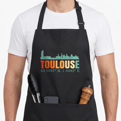 Tablier de cuisine noir avec horizon de Toulouse et coordonnées géographiques en typographie multicolore.