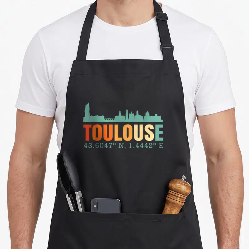 Tablier de cuisine noir avec horizon de Toulouse et coordonnées géographiques en typographie multicolore.