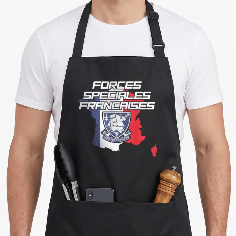 Tablier de cuisine noir avec logo Forces Spéciales Francaises et blason Commandos Marine sur silhouette carte de France tricolore.