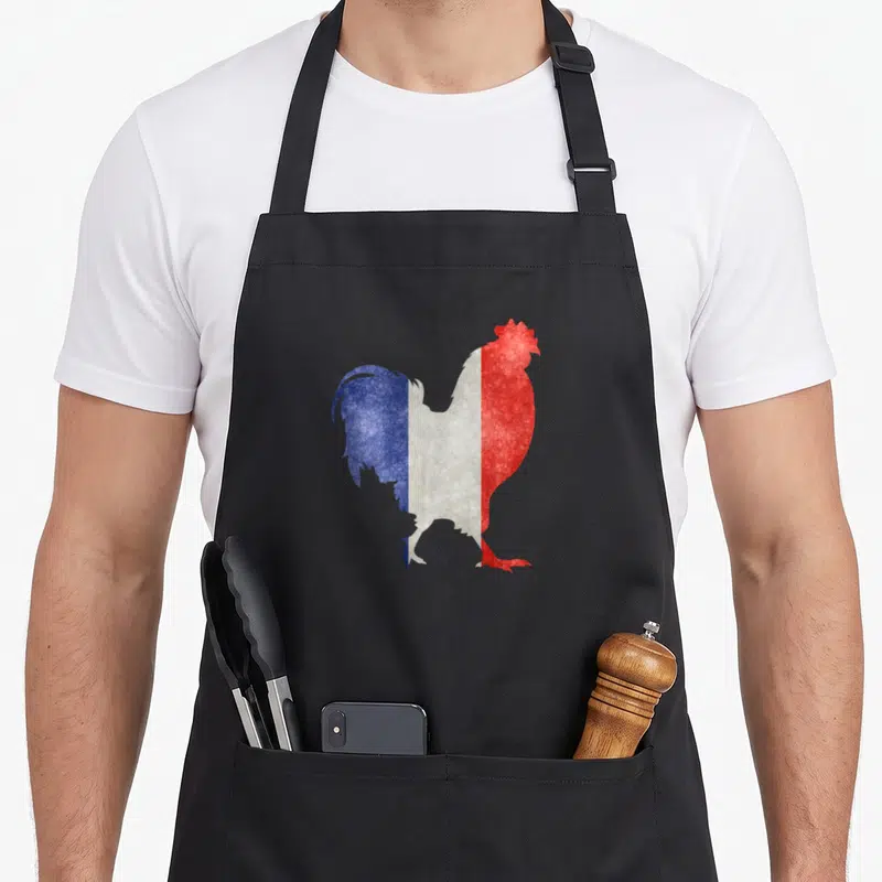 Tablier de cuisine noir avec silhouette de coq aux couleurs bleue, blanche et rouge du drapeau français.