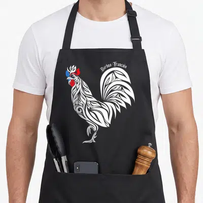 Tablier de cuisine noir avec un coq gaulois blanc stylisé et l'inscription Barbus Français en haut à droite.