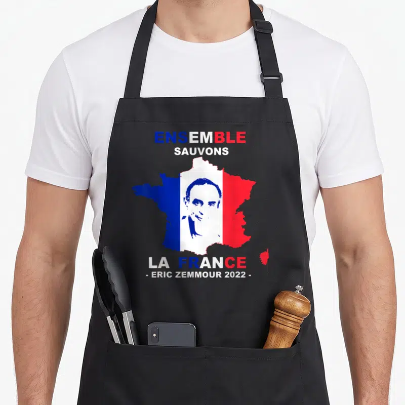 Tablier de cuisine noir avec carte de France tricolore, portrait d'Eric Zemmour et texte Ensemble sauvons la France 2022