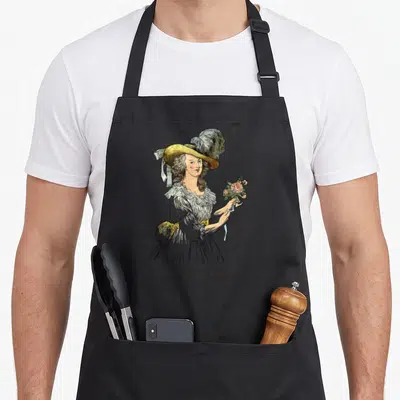 Tablier de cuisine noir avec illustration colorée de Marie-Antoinette Reine tenant un bouquet de roses.
