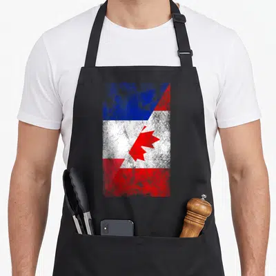 Tablier de cuisine noir avec drapeaux France et Canada fusionnés en style vintage rouge blanc bleu