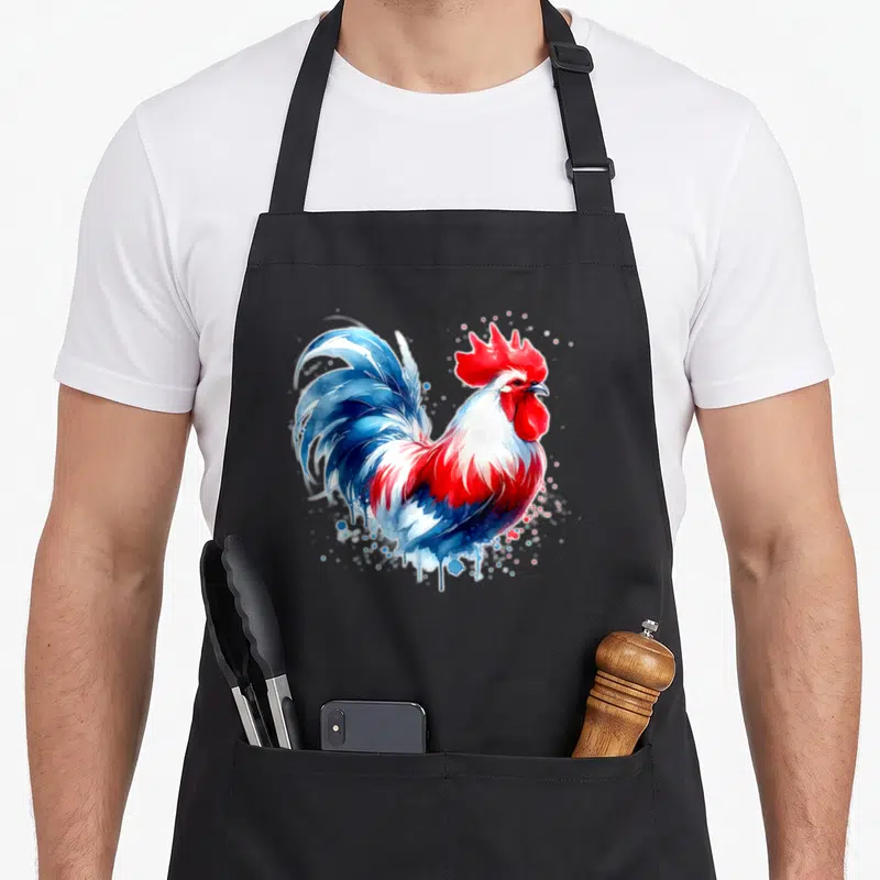 Tablier de cuisine noir avec un coq aux couleurs bleu blanc rouge style aquarelle et éclaboussures artistiques.