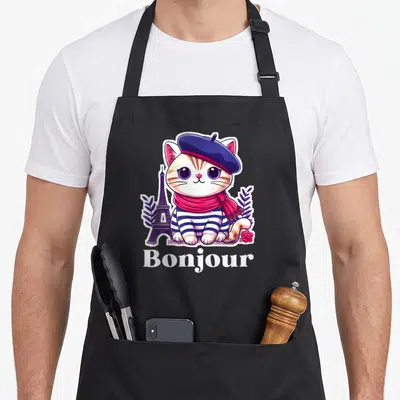 Tablier de cuisine noir avec un chat kawaii au béret bleu, foulard rose et Tour Eiffel illustrée en violet.
