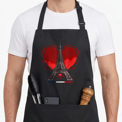 Tablier de cuisine noir avec une Tour Eiffel inscrite dans un grand cœur rouge et le nom François sous le drapeau français.