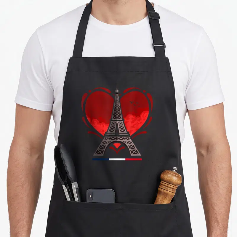 Tablier de cuisine noir avec une Tour Eiffel inscrite dans un grand cœur rouge et le nom François sous le drapeau français.