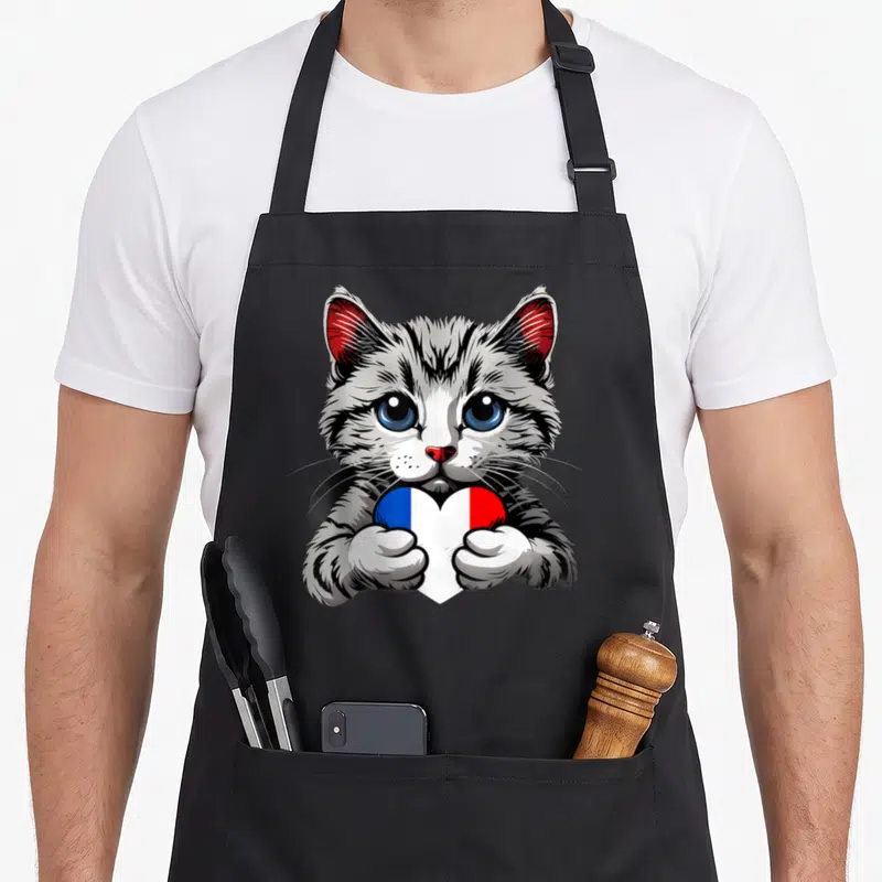 Tablier de cuisine noir avec illustration de chat gris tenant un cœur aux couleurs du drapeau français.