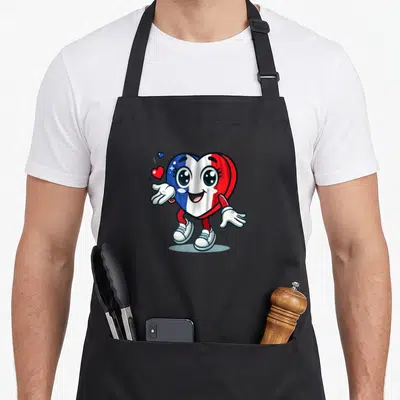 Tablier de cuisine noir avec un cœur anthropomorphisé aux couleurs du drapeau français et des chaussures blanches.