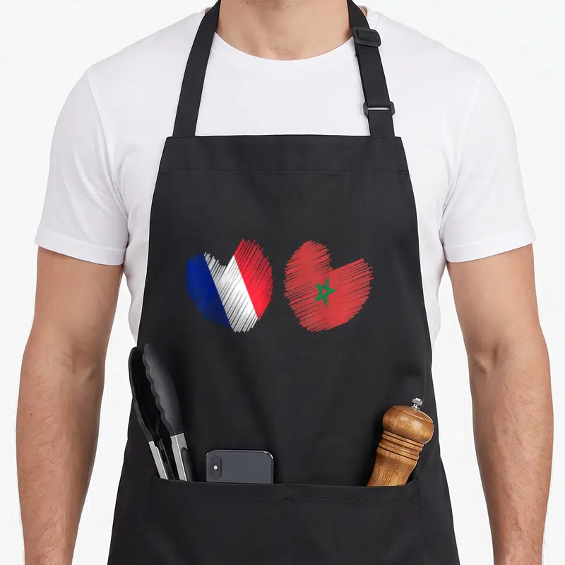 Tablier de cuisine noir avec deux coeurs aux couleurs des drapeaux français et marocain tracés en style esquisse.