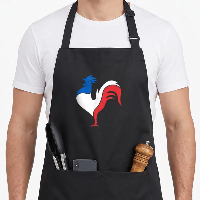 Tablier de cuisine noir avec un coq gaulois aux couleurs bleu blanc rouge du drapeau français.