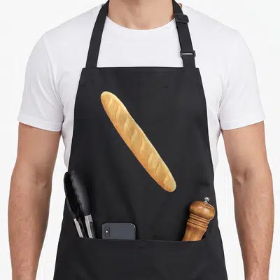 Tablier de cuisine noir avec une illustration centrale d'une baguette française dorée aux teintes chaudes.