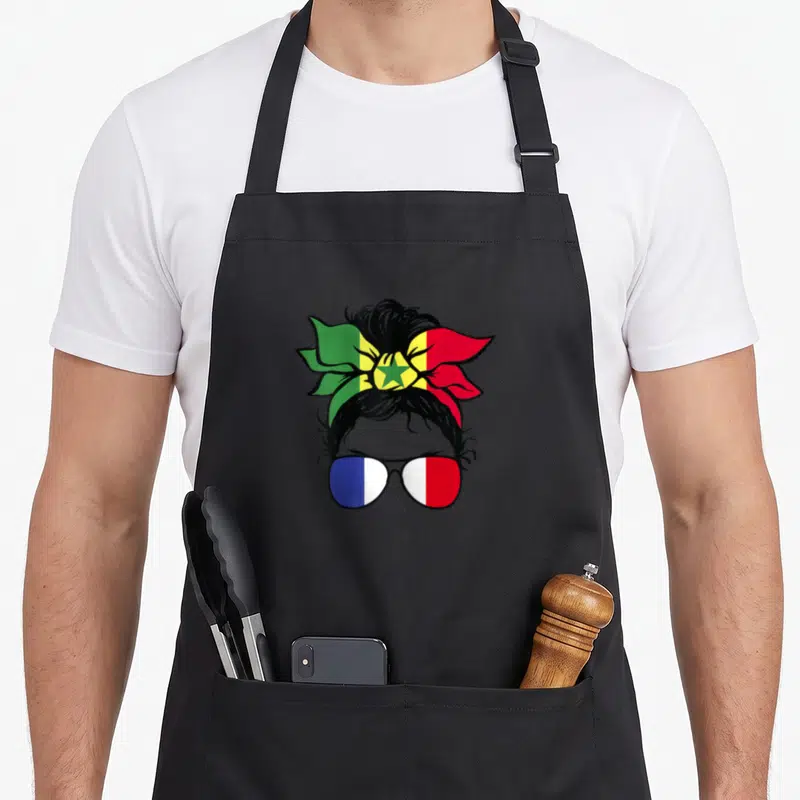 Tablier Drapeau Sénégal France Idée-cadeau Fille Sénégalaise — sur un tablier de cuisine noir, fond blanc