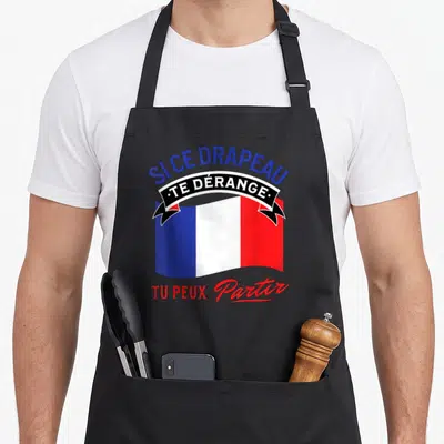 Tablier de cuisine noir avec le drapeau français et le texte Si ce drapeau te dérange tu peux partir imprimé en couleur.