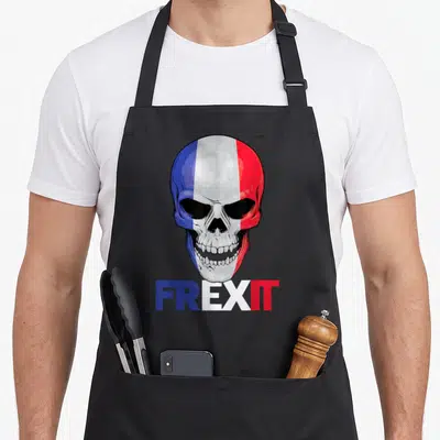 Tablier de cuisine noir avec illustration d'un crâne aux couleurs du drapeau français et l'inscription FREXIT en bas.