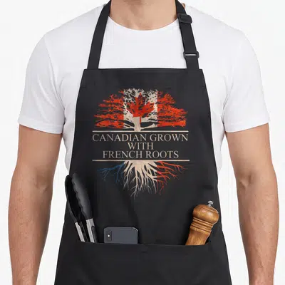 Tablier de cuisine noir avec un arbre aux racines bleues et rouges sur fond de drapeau canadien stylisé.