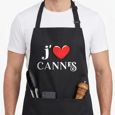 Tablier de cuisine noir avec le texte J CANNES et un cœur rouge stylisé au centre.