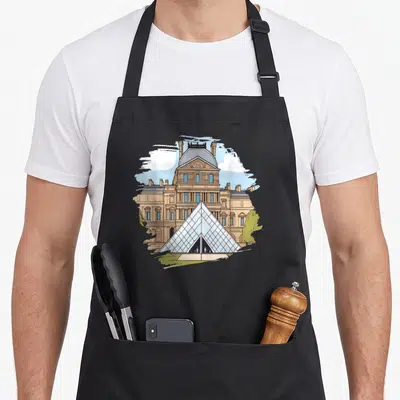 Tablier de cuisine noir avec illustration colorée de la pyramide du Louvre et du bâtiment classique sous un ciel bleu.