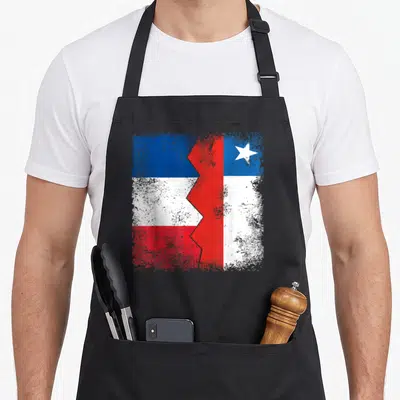 Tablier de cuisine noir avec drapeaux France et Chili unis en zigzag style vintage délavé.