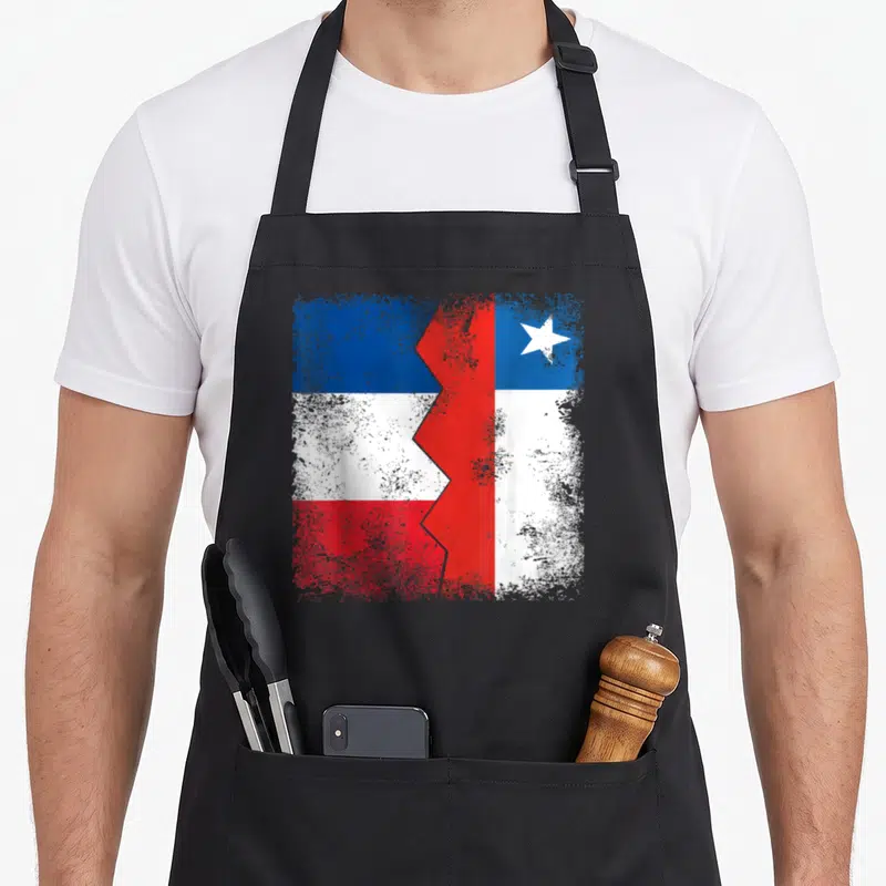 Tablier de cuisine noir avec drapeaux France et Chili unis en zigzag style vintage délavé.