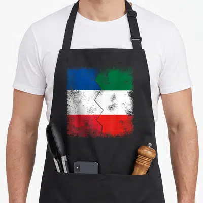 Tablier de cuisine noir avec drapeau fusionné France et Italie en style vintage.